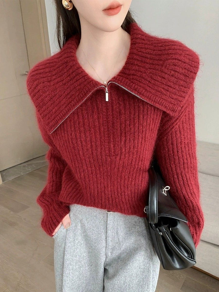 Damen Strickpullover mit großem Kragen und Reißverschluss Drune