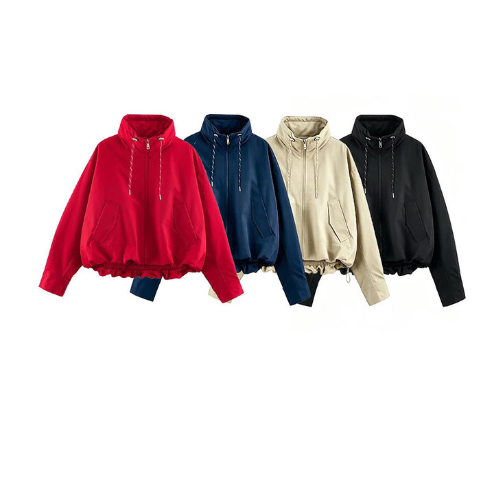 Damen Cropped Oversize Windbreaker mit hohem Funnelkragen, Kordelzug und gerafftem Elastikbund Drune