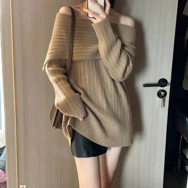 Damen Oversized Pullover mit lässigem Off-Shoulder Design und feiner Rippstruktur Drune