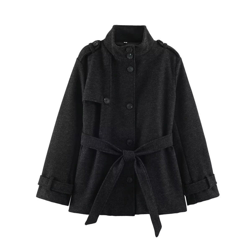 Damen kurze taillierte Manteljacke aus Wollmix mit Stehkragen, Schulterpatten und Bindegürtel Drune