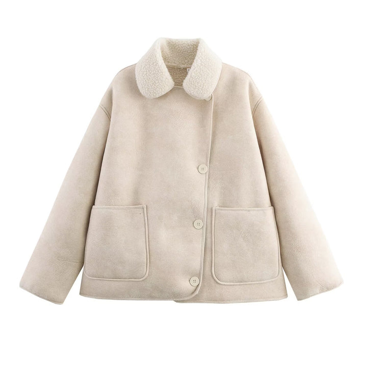 Damen Kurz geschnittener Oversized Lammfellimitat-Mantel mit Teddy-Kragen Drune