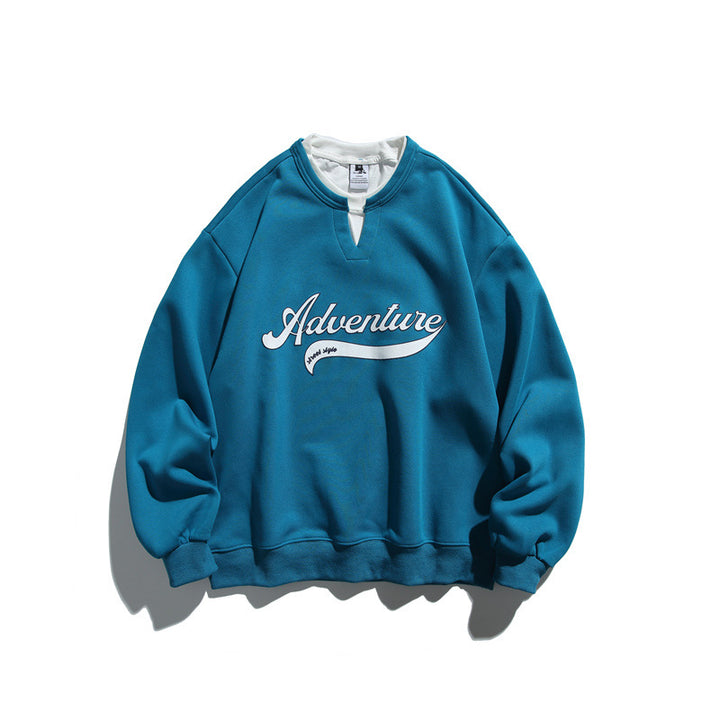 Unisex Oversize-Sweatshirt mit Notch-Kragen, Lagen-Effekt und Script-Print Drune