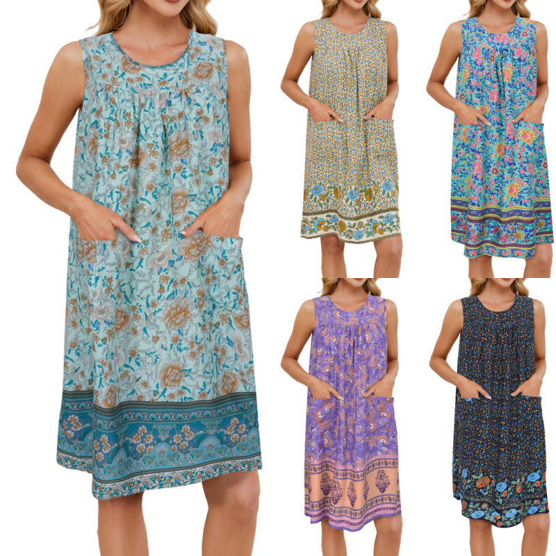 Damen luftiges Strandkleid mit praktischen Taschen und floralem Muster Drune