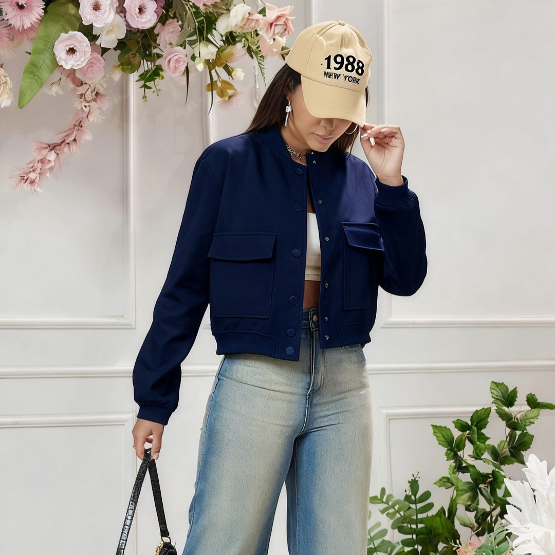 Damen Kurz geschnittene Utility-Jacke mit Stehkragen, Druckknöpfen und Pattentaschen Drune
