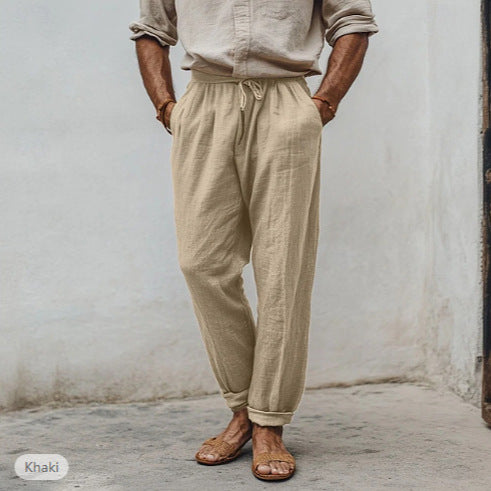 Herren lässige Leinenmisch-Joggerhose mit Kordelzug, angeschrägten Eingrifftaschen und schmalem Knöchelabschluss Drune