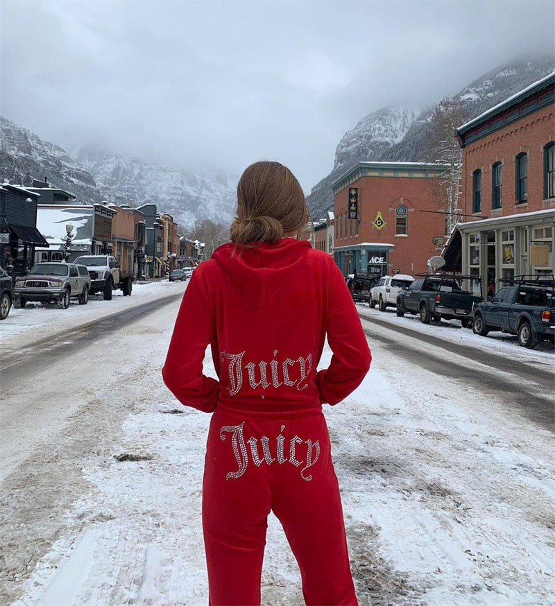 Damen luxuriöser Velours-Jogginganzug mit Glitzerakzenten und elastischem Bund Drune