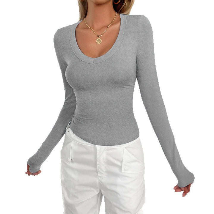 Damen nan figurnahes Langarmshirt mit tiefem Rundhalsausschnitt und elastischem Stretchjersey Drune