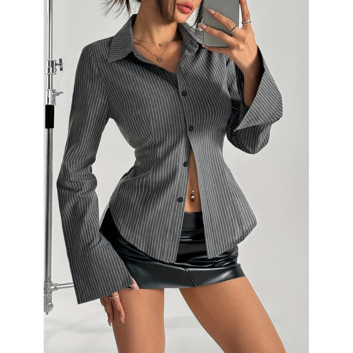Damen Elegante Hemdbluse mit gestreiftem Design und weit ausgestellten Ärmeln Drune