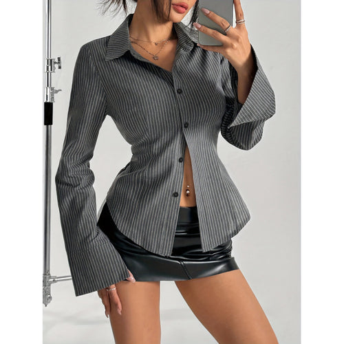 Damen Elegante Hemdbluse mit gestreiftem Design und weit ausgestellten Ärmeln Drune