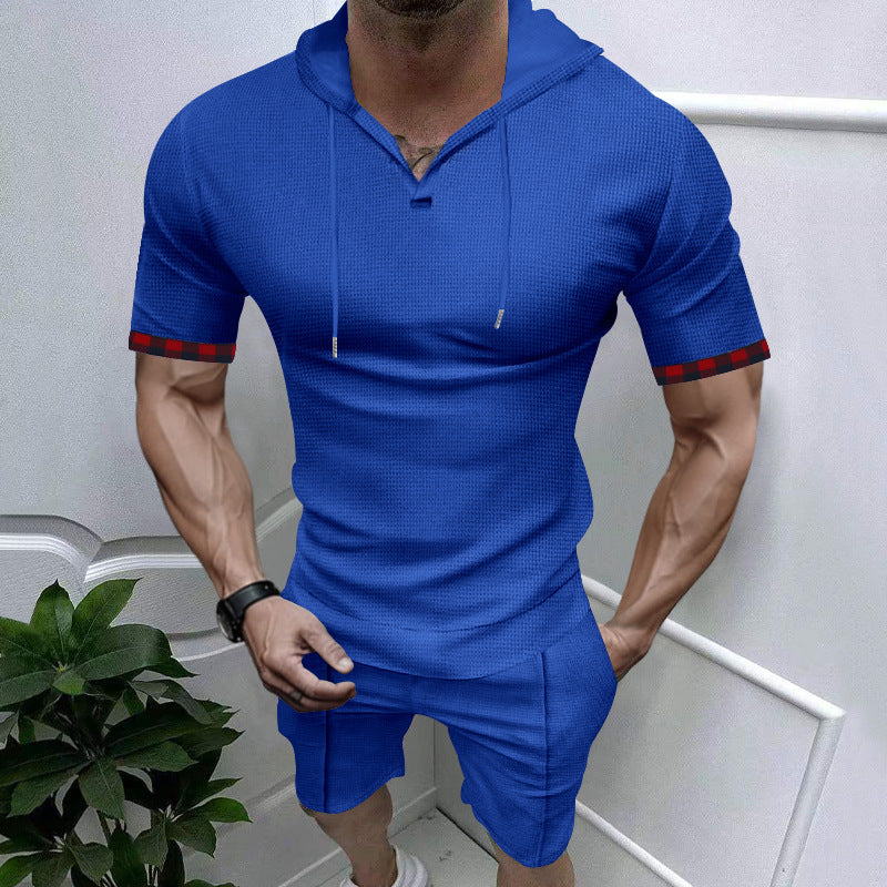 Herren nan sommerliches Kapuzen-Lounge-Set in leichter Waffelstruktur mit Kurzarm-Hoodie Henley-Öffnung und Komfort-Shorts Drune
