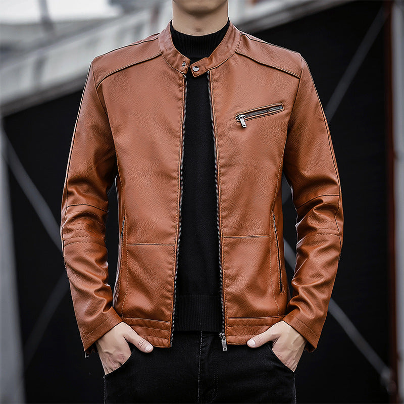Herren Slim-Fit Kunstleder-Motojacke mit Stehkragen und Reißverschlussdetails Drune