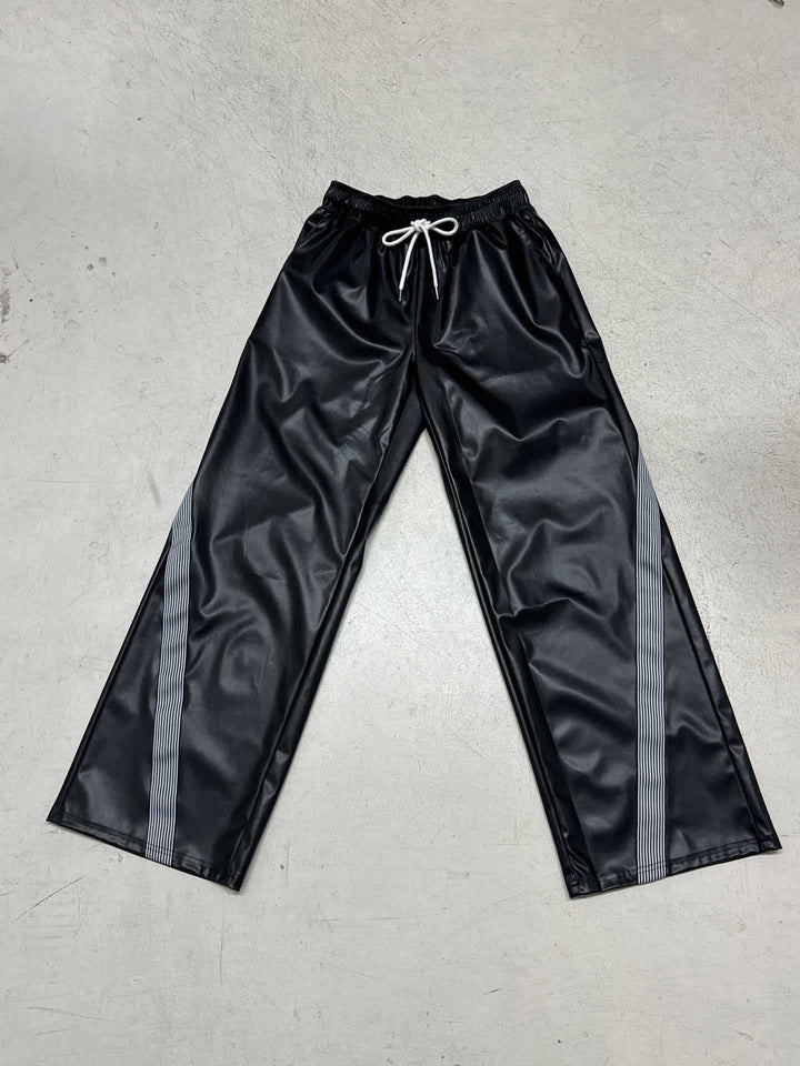 Damen nan weite Kunstleder-Trackpants mit elastischem Bund, Tunnelzug und seitlichen Streifen Drune