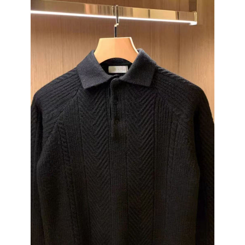 Herren Feinstrick-Polopullover mit halber Knopfleiste und Zopfmuster Drune