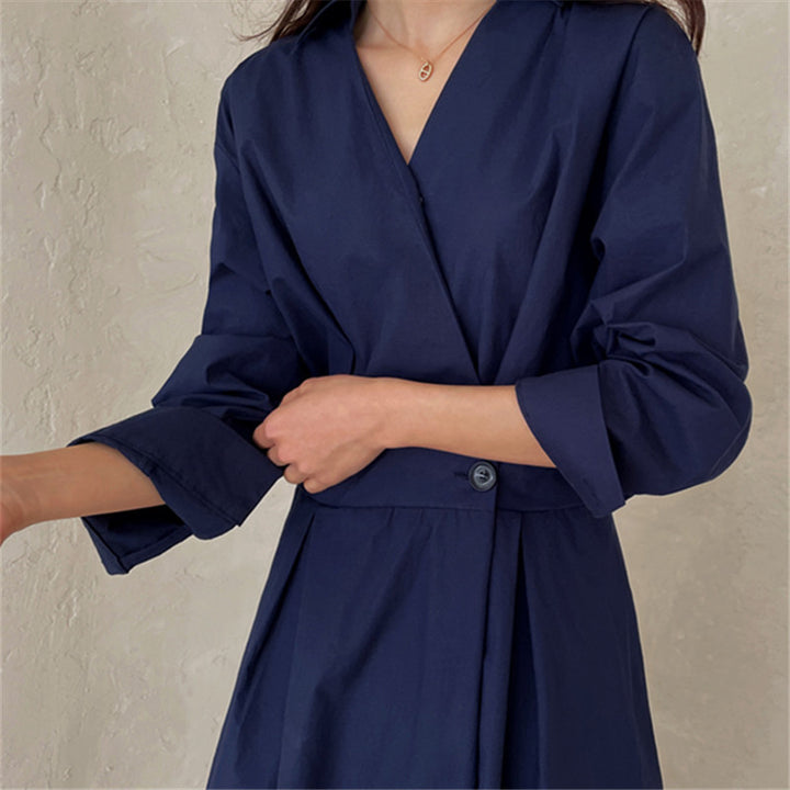 Damen Wickel-Hemdkleid mit tailliertem Bund, Kellerfalten und Eingrifftaschen Drune
