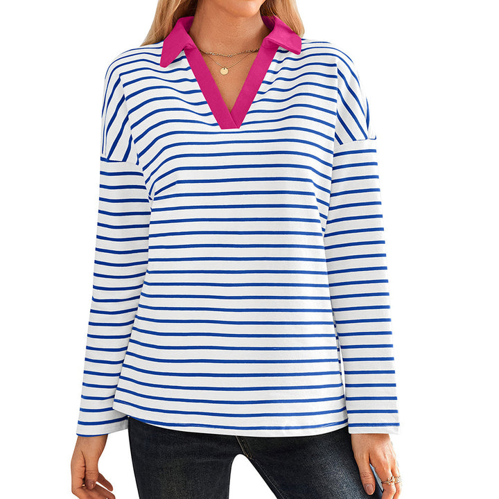 Damen gestreiftes Polo-Shirt mit V-Ausschnitt und kontrastierendem Kragen Drune