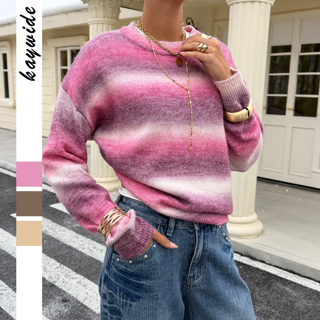 Damen nan Oversized-Feinstrickpullover mit Ombre-Verlauf, Rundhalsausschnitt und überschnittener Schulter Drune