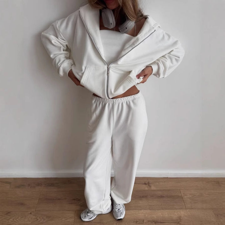 Damen Baumwoll-Fleece Lounge-Set mit Oversize-Zip-Hoodie und Palazzo-Sweatpants Drune