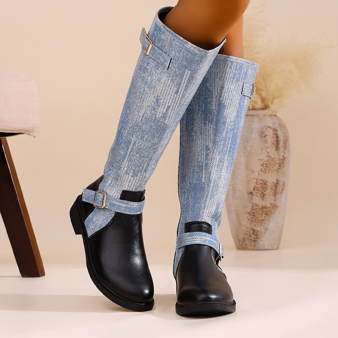 Damen Kniehohe Western‑Stiefel mit Denim‑Schaft und verstellbaren Schnallenriemen Drune
