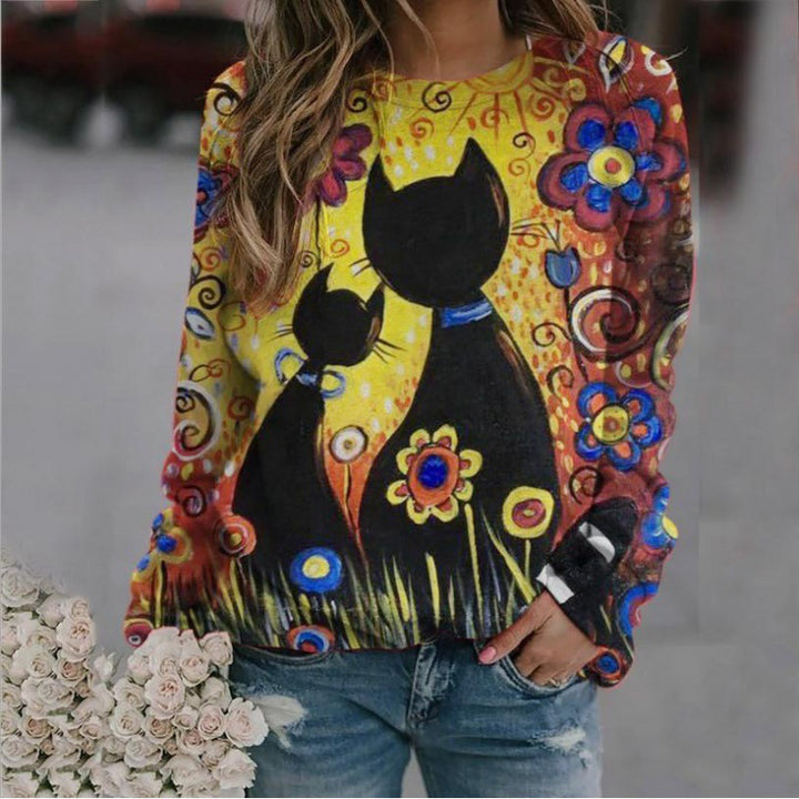 Damen Oversized-Sweatshirt mit künstlerischem Katzen-Print und floraler Musterung Drune
