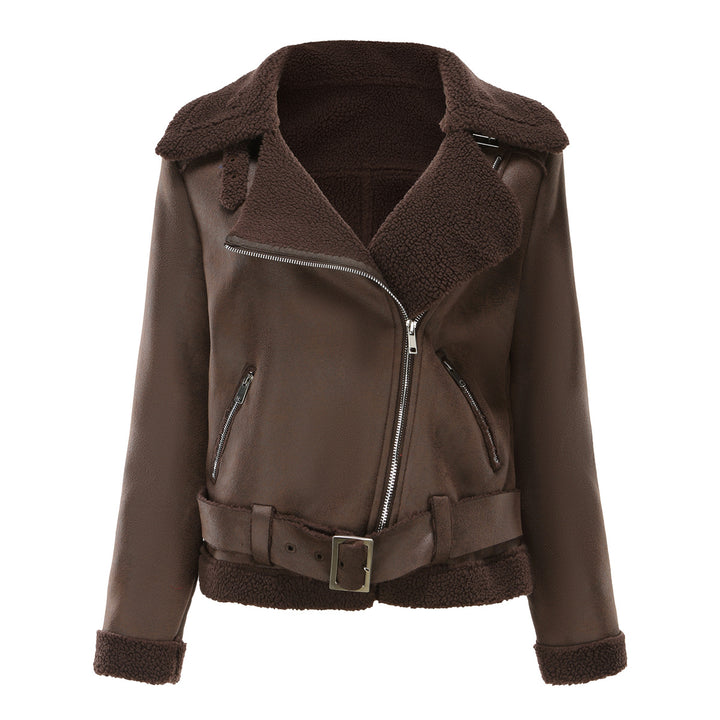 Damen modische Lammfelljacke mit asymmetrischem Reißverschluss und Taillengürtel Drune
