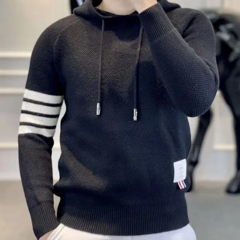 Herren Sportlicher Strickpullover mit Kapuze und Streifen Drune
