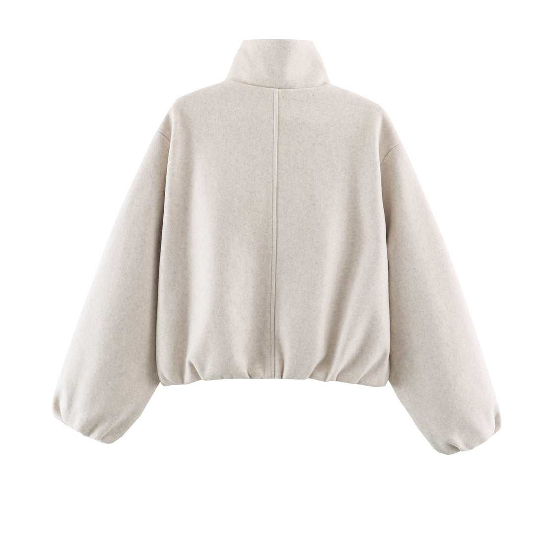 Damen Cropped Wolloptik‑Bomberjacke mit hohem Stehkragen und verdeckten Eingrifftaschen Drune