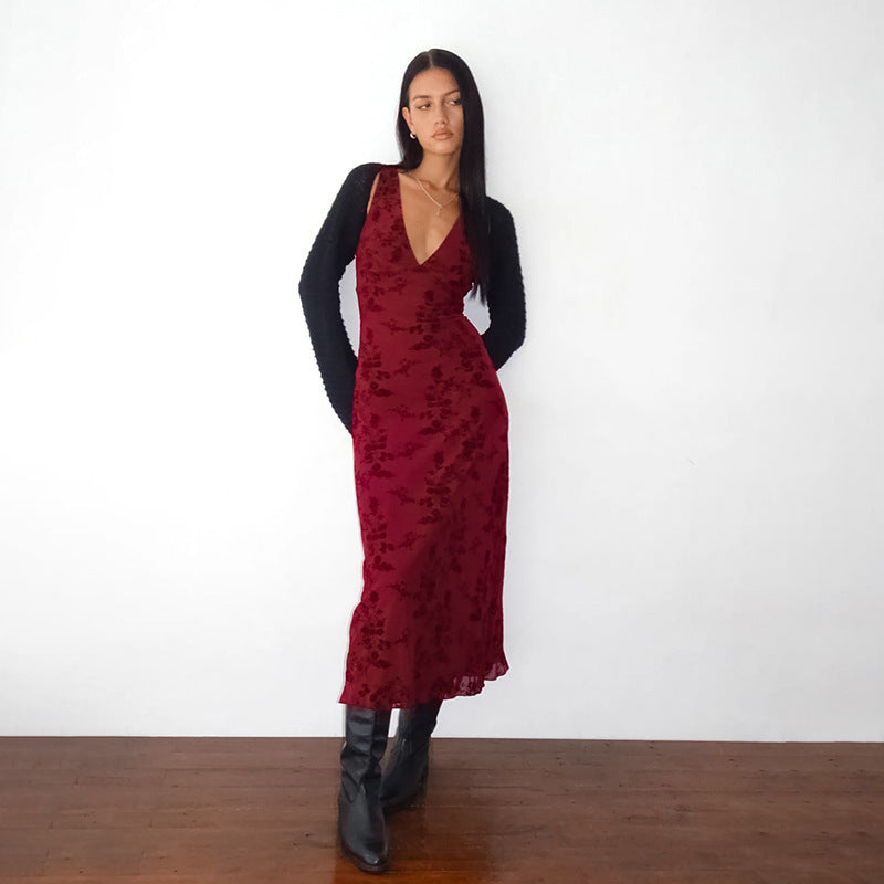 Damen Maxikleid mit tiefem V-Ausschnitt und floralem Spitzenmuster Drune