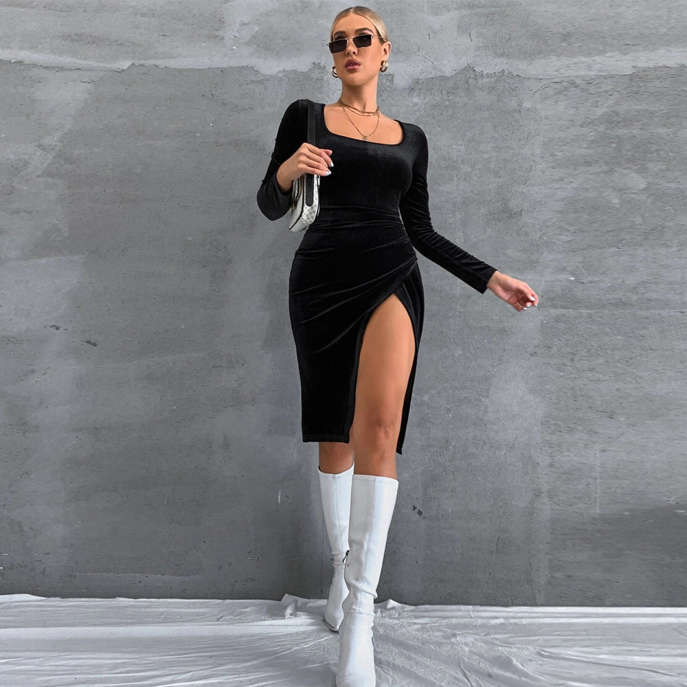 Damen Samt-Midikleid mit quadratischem Ausschnitt, taillierter Raffung und hohem Seitenschlitz Drune