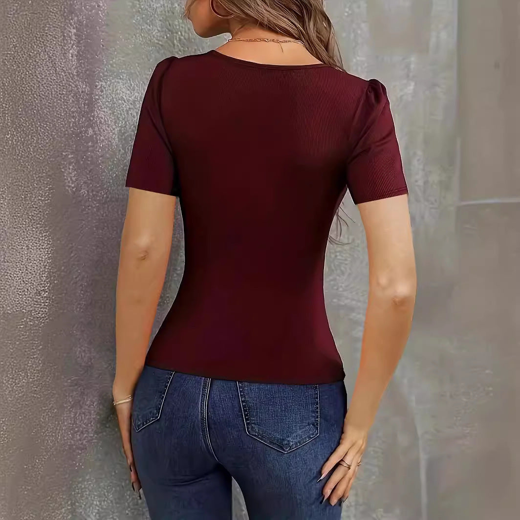 Damen figurbetontes Bodysuit mit V-Ausschnitt und kurzen Ärmeln Drune