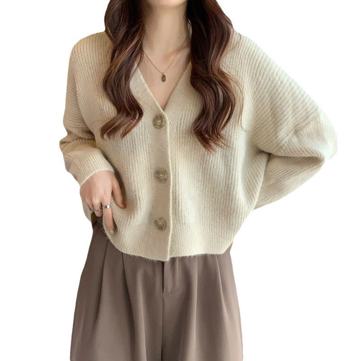Damen lässige Strickjacke mit hochgeschlossenen Kragen und großen Knopfdetails Drune