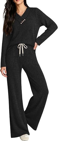 Damen Weiches Rippstrick-Lounge-Set mit V-Ausschnitt und Kordelbund Drune