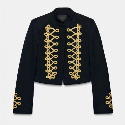 Damen Taillierter Cropped Militärblazer mit Stehkragen und goldverzierten Epauletten Drune