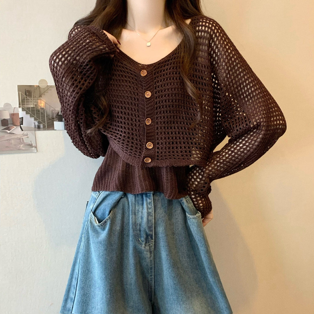 Damen lässige Strickjacke mit Netzmuster und Knopfverschluss Drune