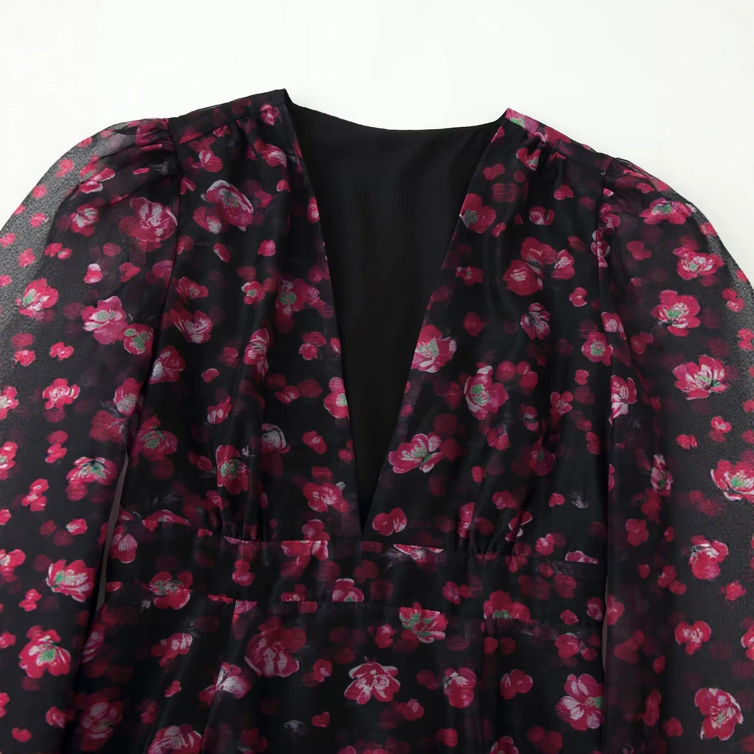 Damen Florales Chiffon-Minikleid mit tiefem V-Ausschnitt, Glockenärmeln und Stufenvolant Drune