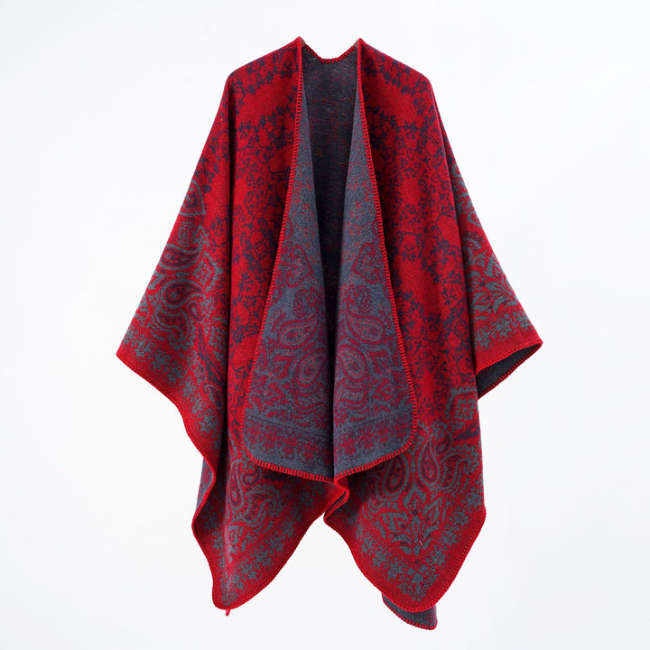 Damen Überwurfponcho im Double-Face‑Jacquard mit Paisley‑Inspiration und Zierstichkante Drune