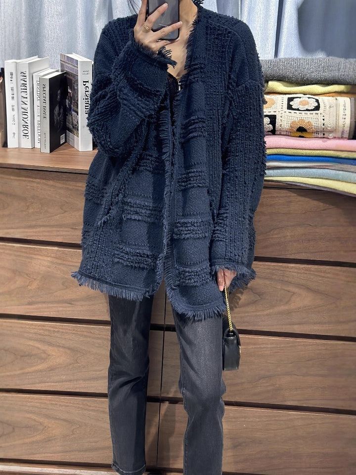Damen Oversize Strickcardigan mit strukturierter Karomuster‑Optik, Fransen und Eingrifftaschen Drune