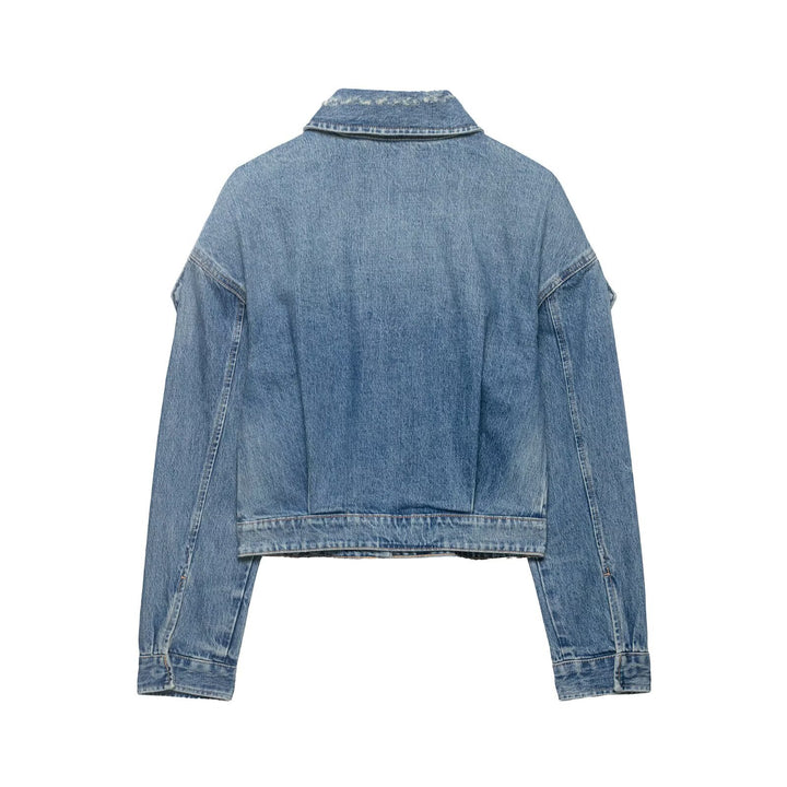 Damen Cropped Jeansjacke mit Schulterklappen, verdeckter Knopfleiste und boxy Silhouette Drune