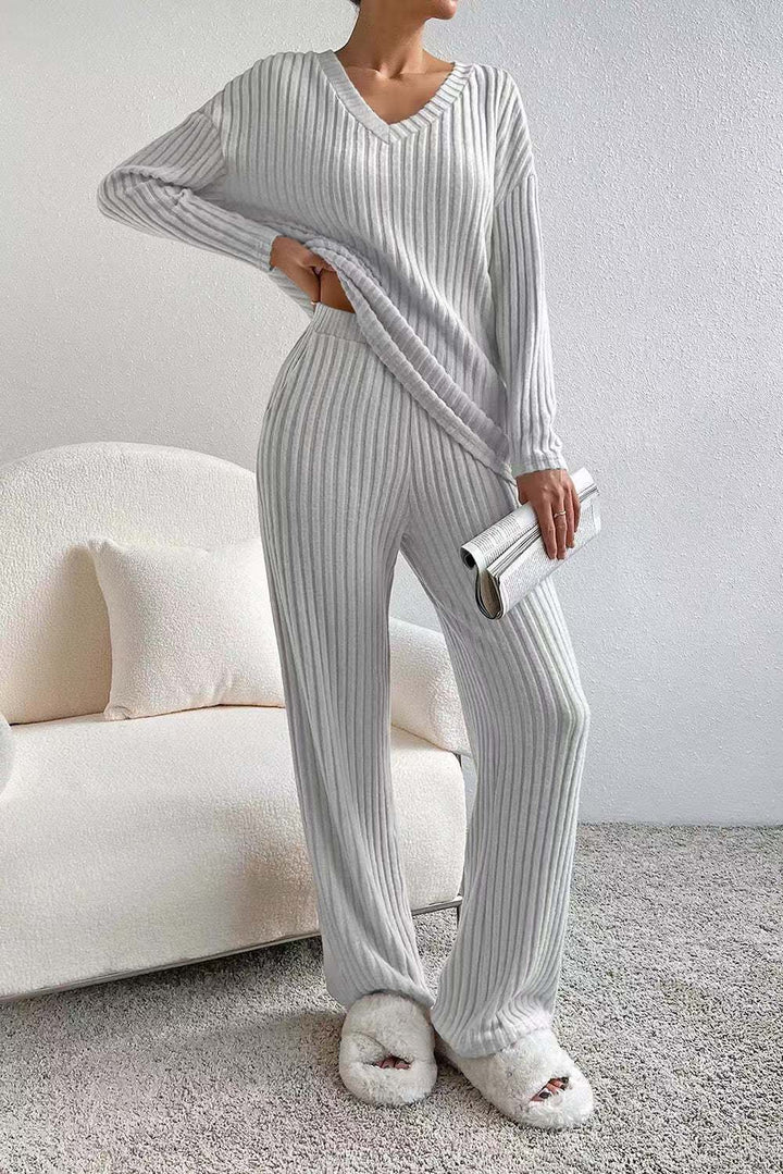 Damen lässiges Strick-Lounge-Set mit V-Ausschnitt Drune