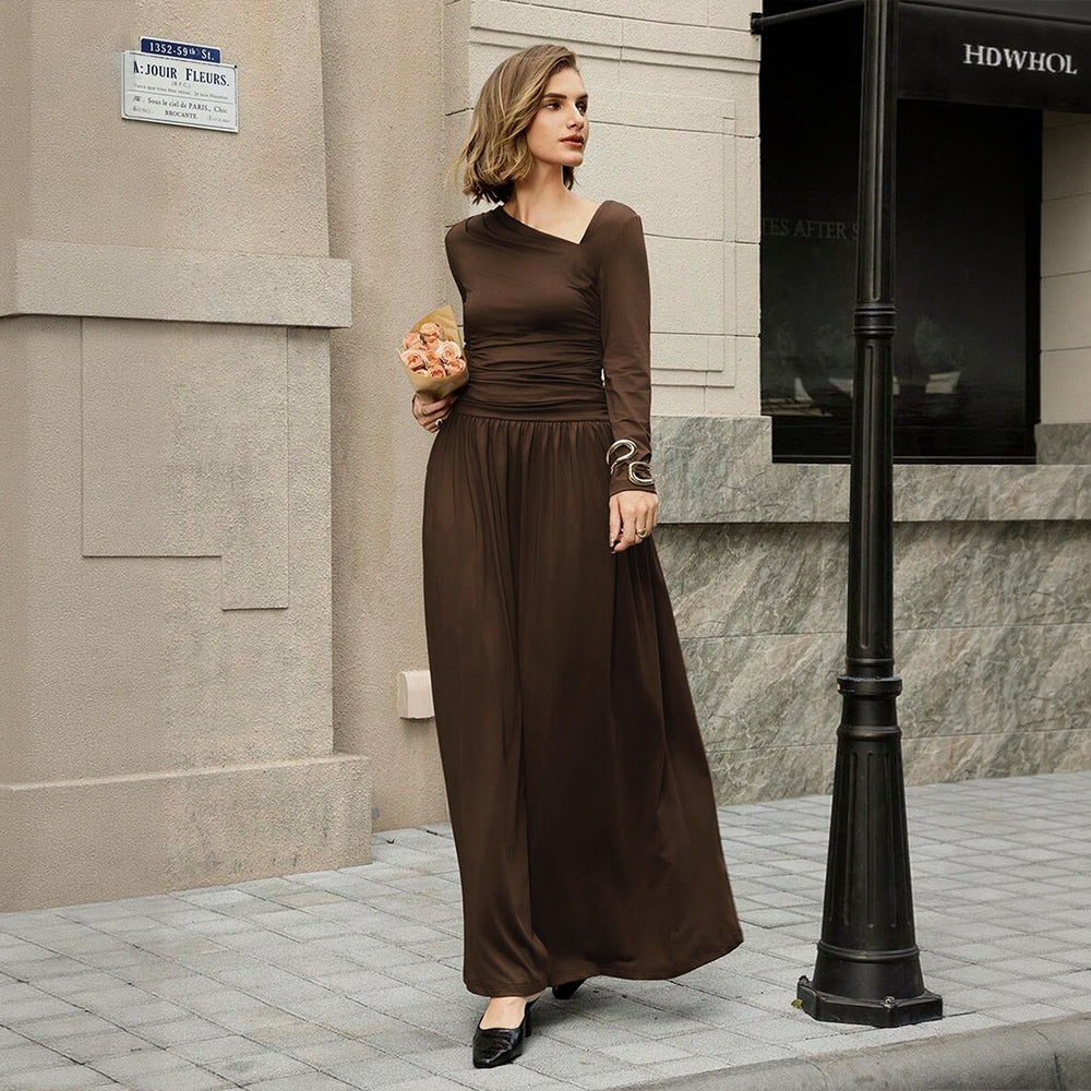 Damen asymmetrisches Maxikleid mit langem Ärmel und geraffter Taillenpartie Drune