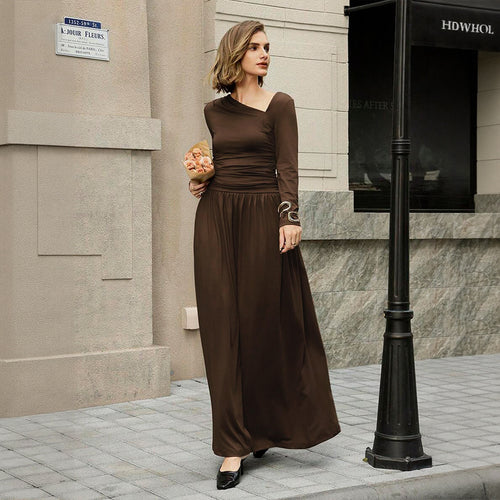 Damen asymmetrisches Maxikleid mit langem Ärmel und geraffter Taillenpartie Drune