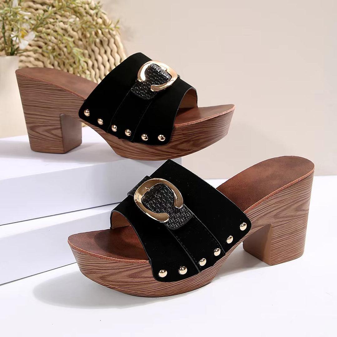 Damen Plateau-Pantoletten mit elegantem Riemendesign und komfortablem Holzabsatz Drune