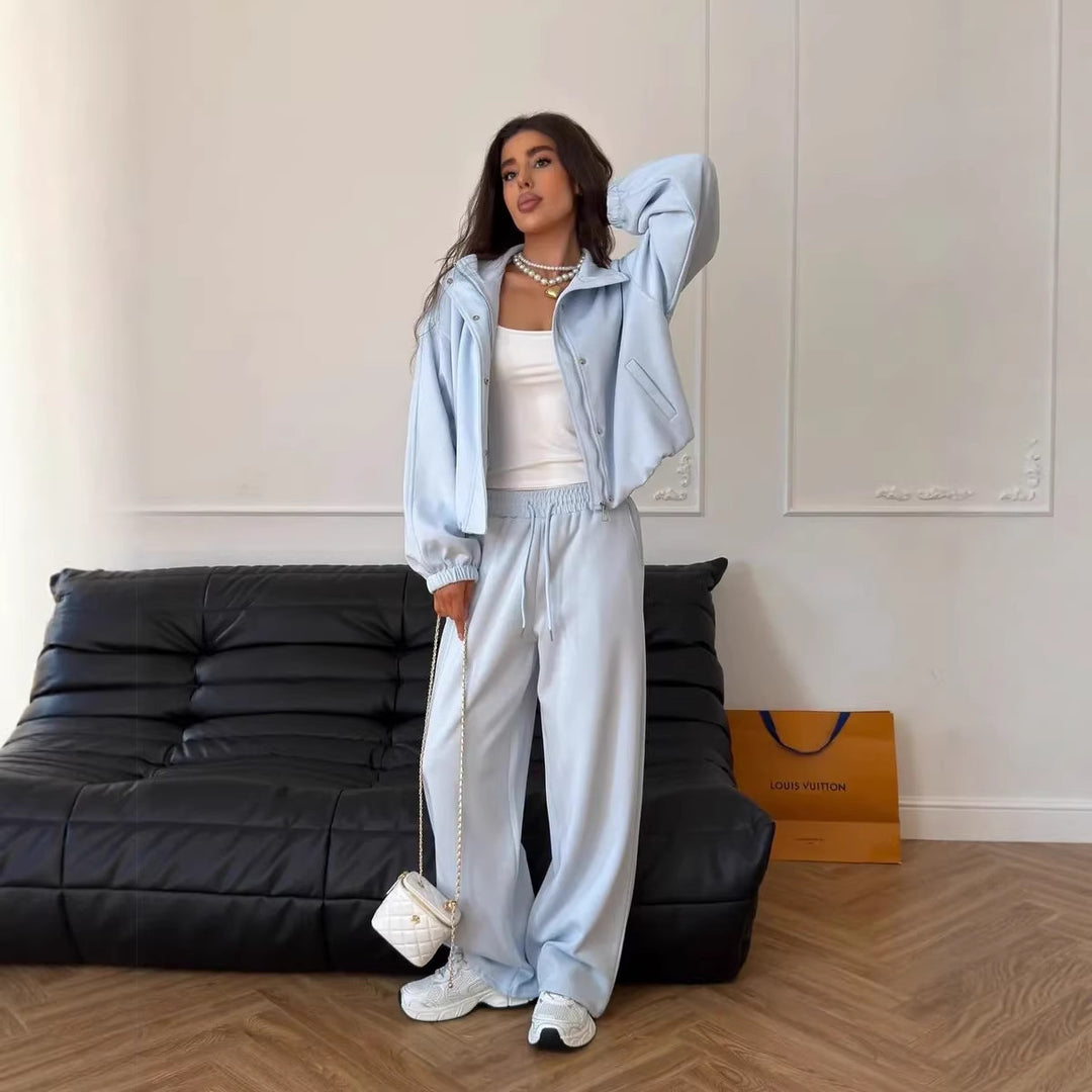 Damen gekürztes Reißverschluss-Hoodie mit Stehkragen und hochgeschnittener Kordel-Jogginghose Drune