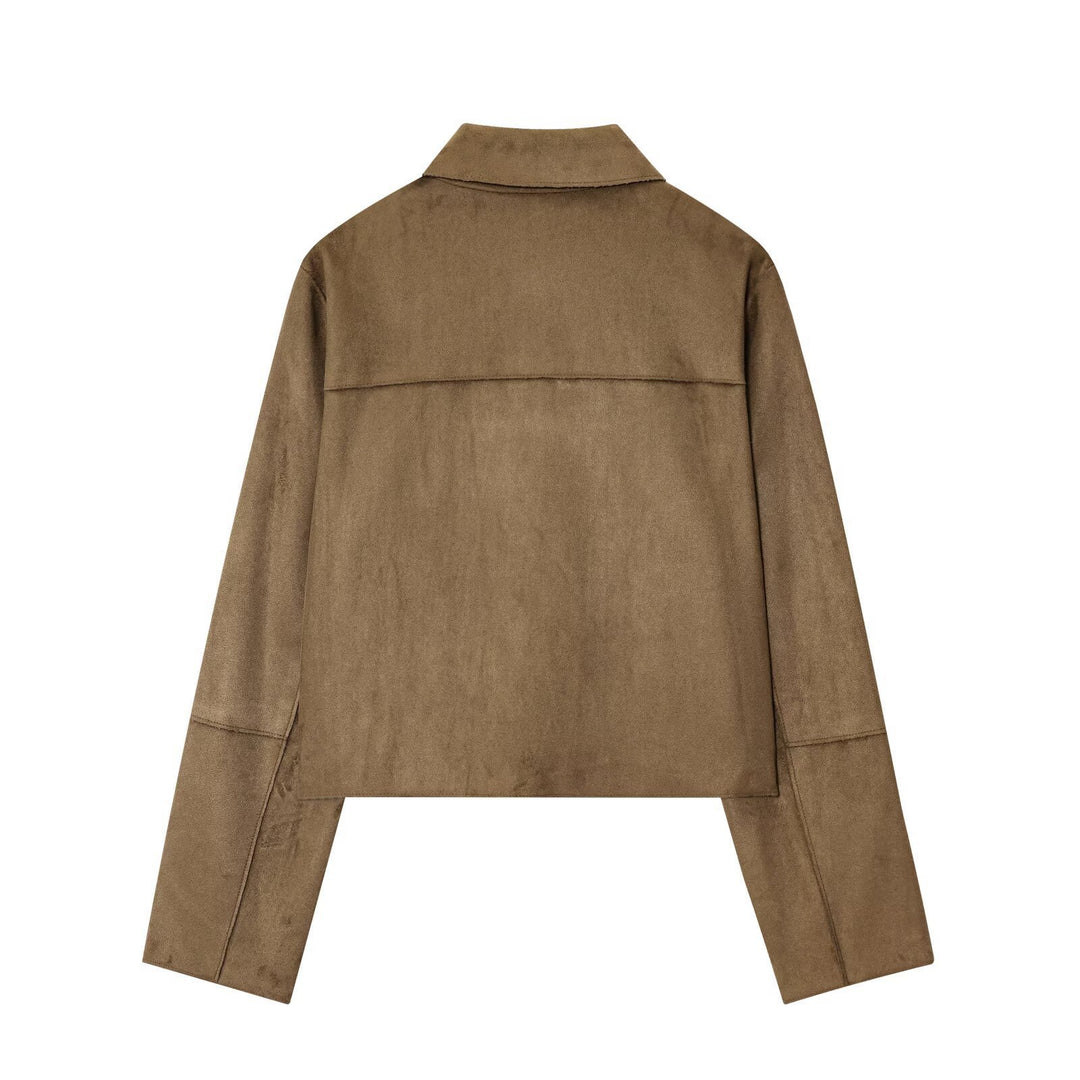 Damen kurze Utility-Jacke mit großen Taschen und modischem Kragen Drune