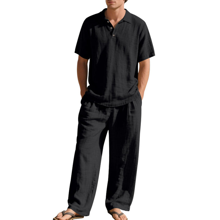 Herren nan luftiges Leinen-Ensemble mit Polokragen und regulierbarer Bundhose Drune