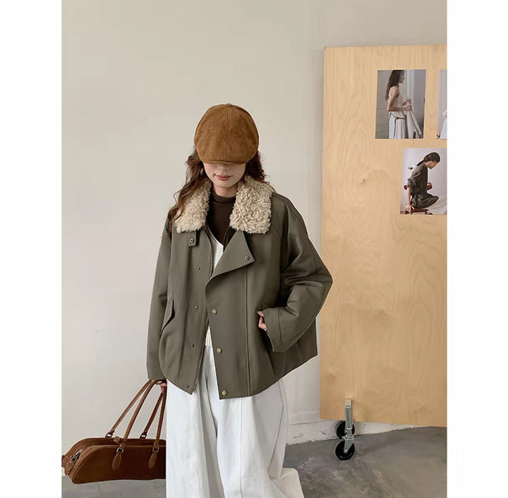 Damen Kurze Oversize-Boxy-Jacke mit Teddykragen und Druckknopfverschluss Drune