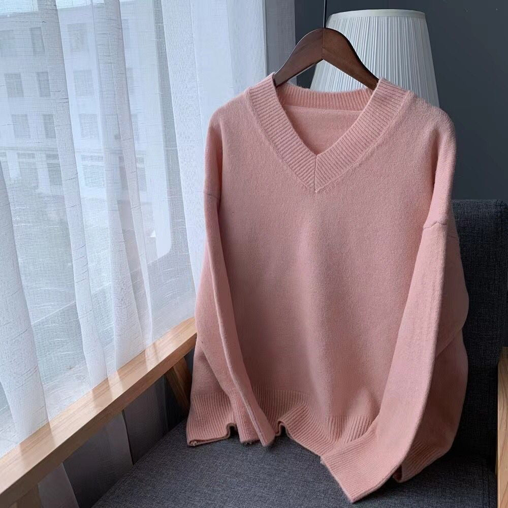 Damen Grob gestrickter V-Ausschnitt Pullover mit lässigem Schnitt und oversized Ärmeln Drune