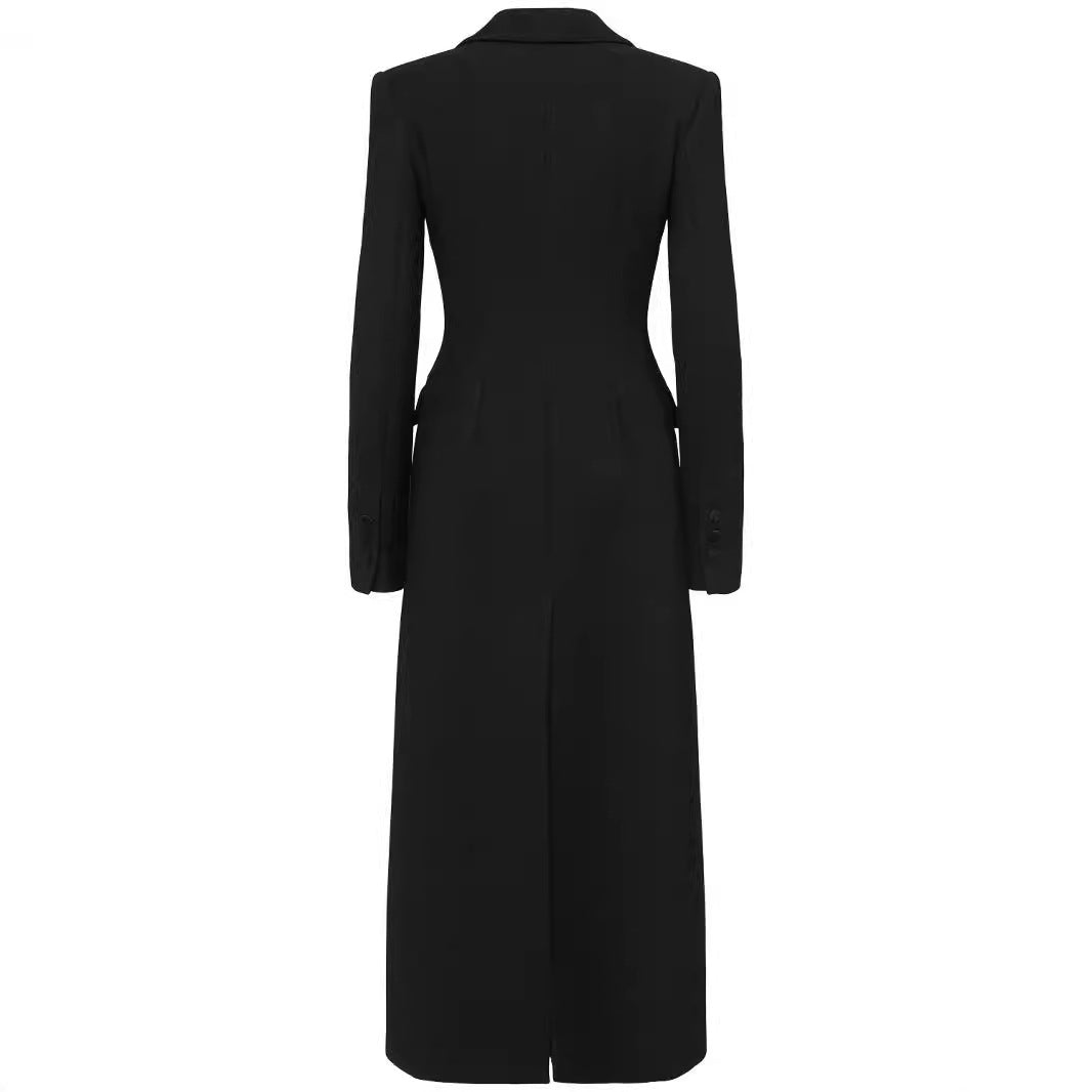 Damen Doppelreihiges tailliertes Blazerkleid mit Maxi‑Länge und Pattentaschen Drune