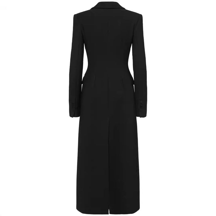 Damen Doppelreihiges tailliertes Blazerkleid mit Maxi‑Länge und Pattentaschen Drune