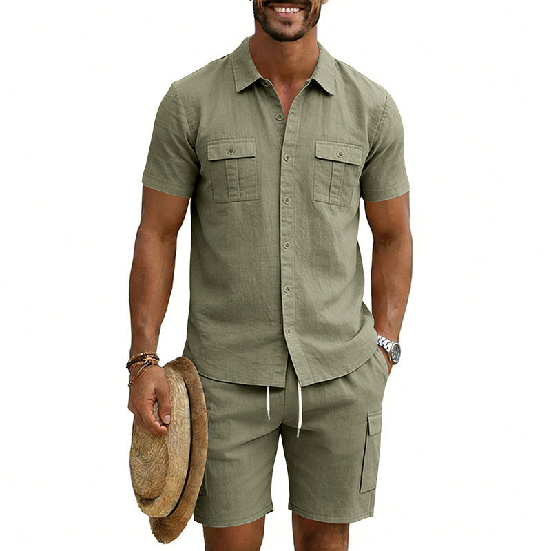 Herren nan sommerliches Freizeitset aus Baumwoll-Leinenmix mit Kurzarm-Hemd und Cargo-Shorts Drune