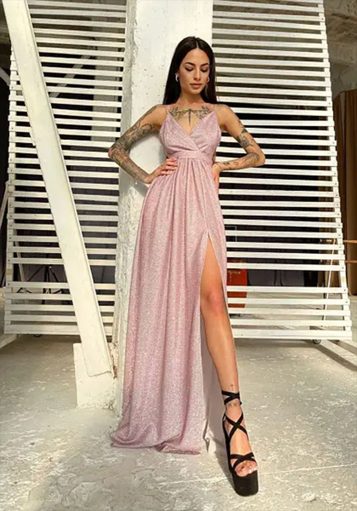 Damen Elegantes Glitzer-Maxikleid mit tiefem Schlitz und schickem Wickeldesign Drune